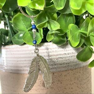 Silver Feather keychain with blue beads